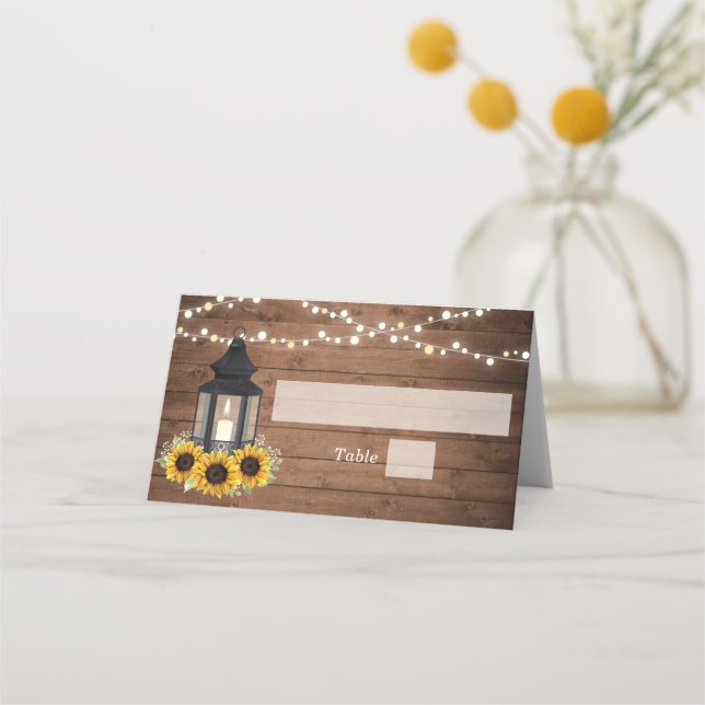 Floral Rustic Sunflower Wood Lantern String Lights Place Card (Front)