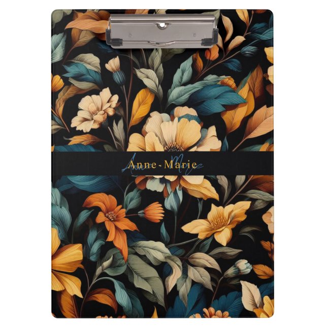 Floral rustic vintage elegant black clipboard (Front)