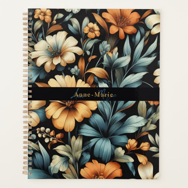 Floral rustic vintage elegant black planner (Front)