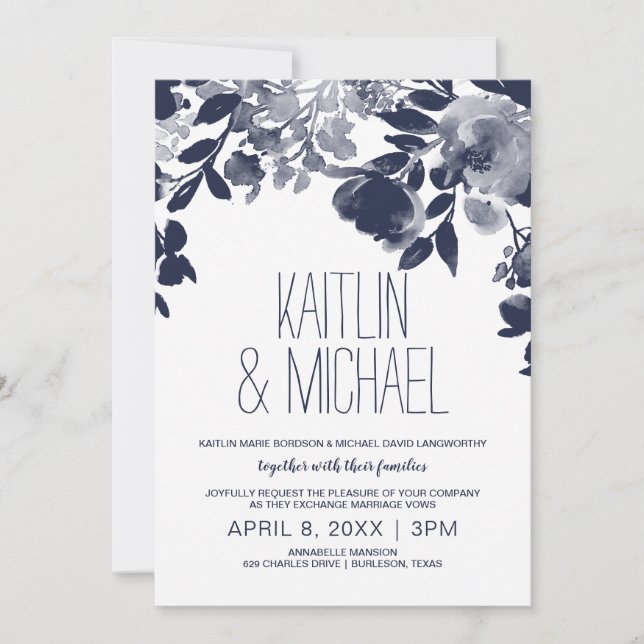 Floral Rustic Wedding Invitation (Navy Blue) (Front)