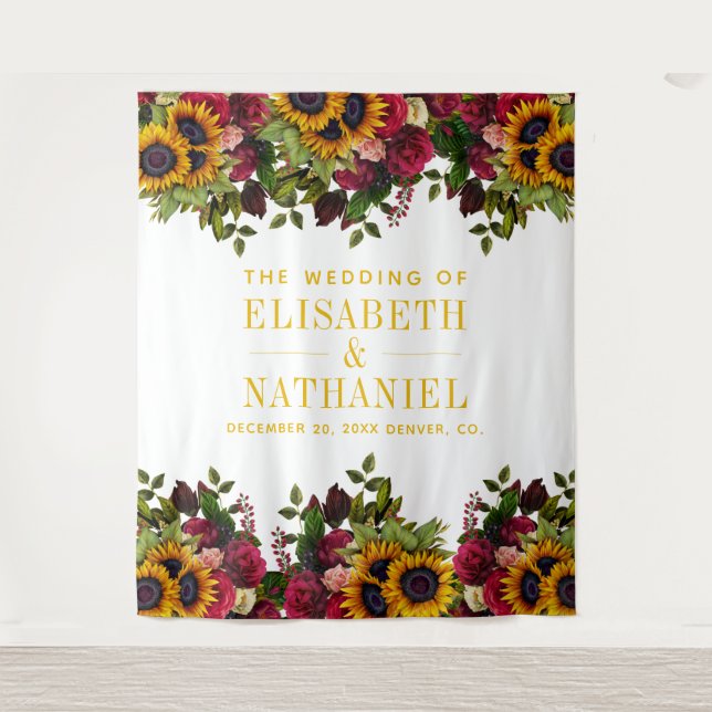 Floral rustic wedding photo booth backdrop tapestry (Front)