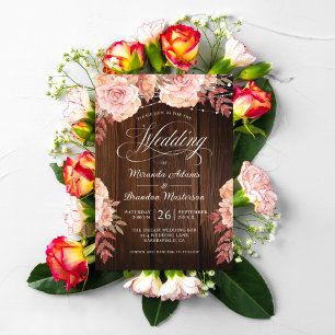 Floral Rustic Wood and String Lights Wedding Invitation