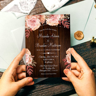Floral Rustic Wood and String Lights Wedding Invitation