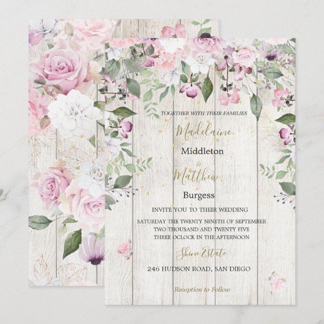  Floral Rustic Wood Gold Pink Wedding Invitation (Front/Back)
