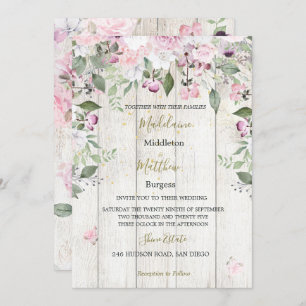  Floral Rustic Wood Gold Pink Wedding Invitation
