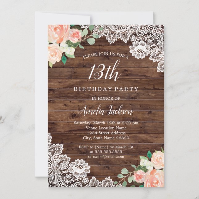 Floral Rustic Wood Lace 13th Birthday Invitation (Front)