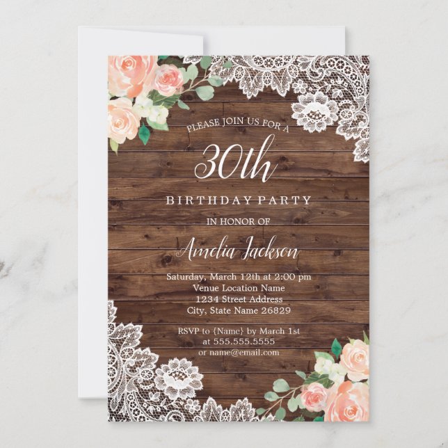 Floral Rustic Wood Lace 30th Birthday Invitation (Front)