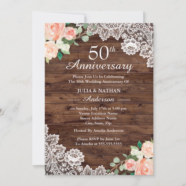 Floral Rustic Wood Lace 50th Wedding Anniversary Invitation (Front)