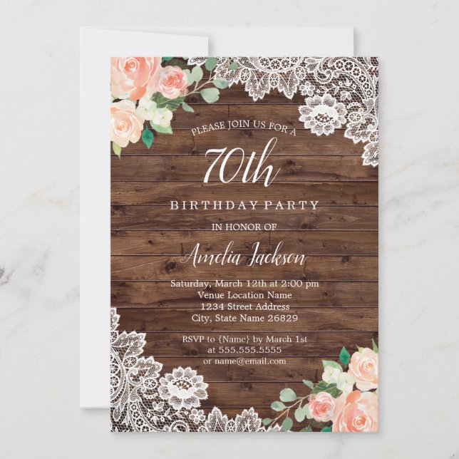 Floral Rustic Wood Lace 70th Birthday Invitation (Front)