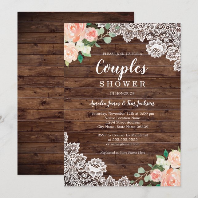 Floral Rustic Wood Lace Couples Wedding Shower Invitation (Front/Back)