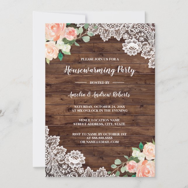 Floral Rustic Wood Lace Housewarming Party Invitation (Front)