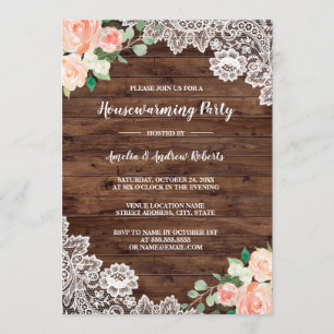 Floral Rustic Wood Lace Housewarming Party Invitation