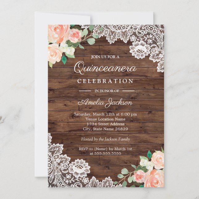 Floral Rustic Wood Lace Quinceanera Invitation (Front)
