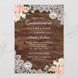 Floral Rustic Wood Lace Quinceanera Invitation