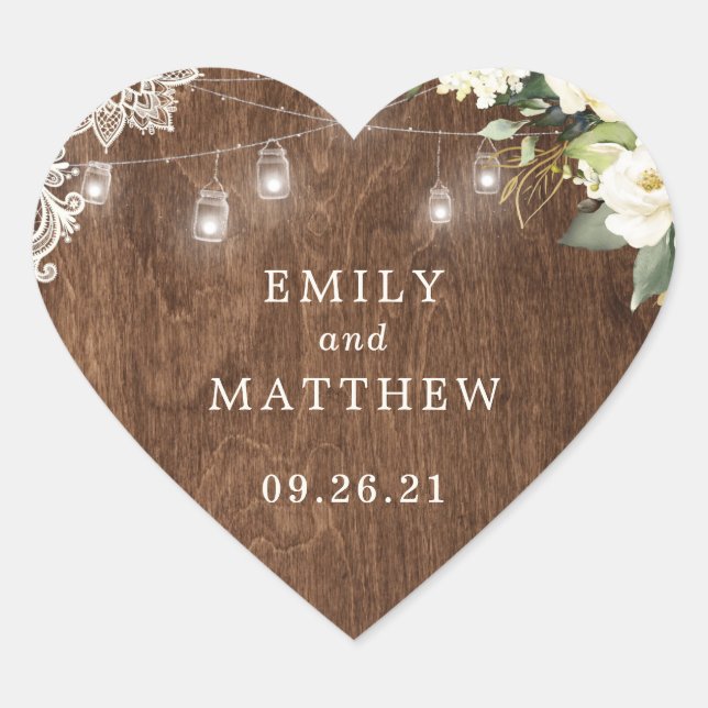 Floral Rustic Wood Lace String Lights Mason Jar Heart Sticker (Front)