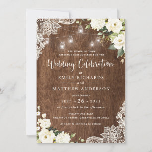 Floral Rustic Wood Lace String Lights Mason Jar Invitation