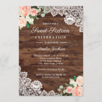 Floral Rustic Wood Lace Sweet Sixteen Invitation