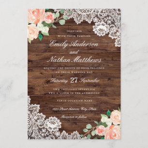 Floral Rustic Wood Lace Wedding Invitation