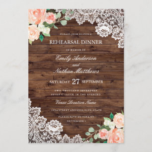 Floral Rustic Wood Lace Wedding Rehearsal Dinner Invitation