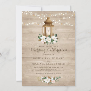 Floral Rustic Wood Lantern Magnolia String Lights Invitation