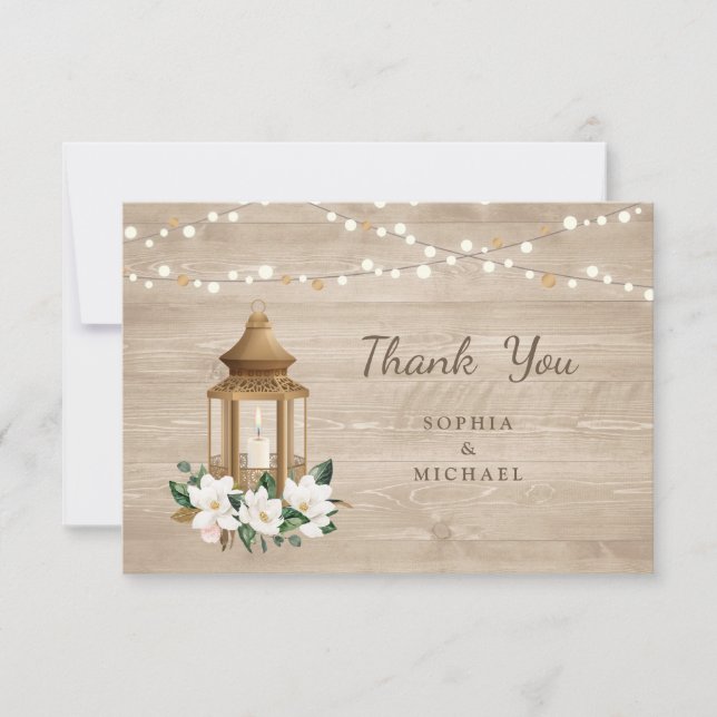 Floral Rustic Wood Lantern Magnolia String Lights Thank You Card (Front)
