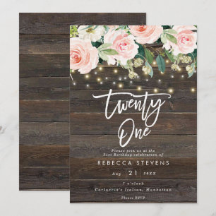 floral rustic wood lights 21st birthday invitation
