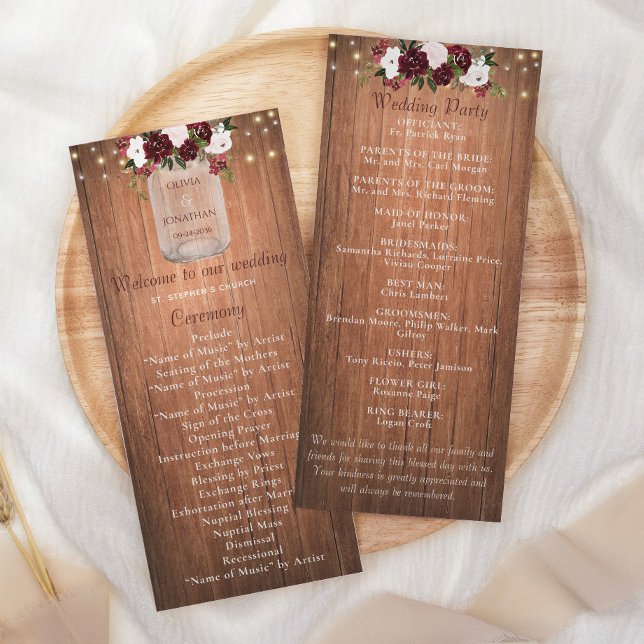 Floral Rustic Wood Mason Jar Burgundy Wedding Programme (Creator Uploaded)