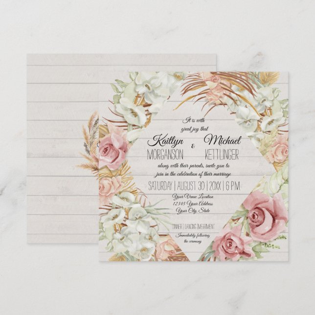 Floral Rustic Wood Pampas Palm Foliage Wedding Invitation (Front/Back)