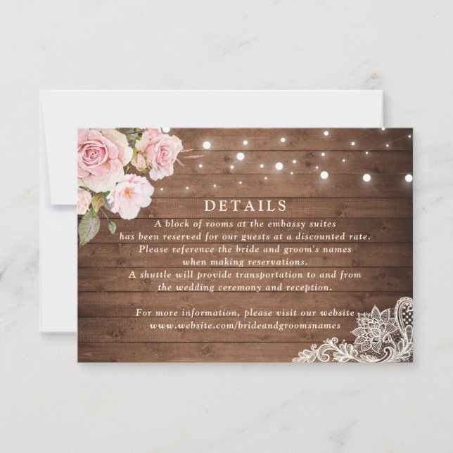 Floral Rustic Wood Roses String Lights Details Invitation (Front)