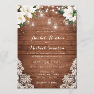 Floral Rustic Wood String Lights Lace Mason Jars Invitation