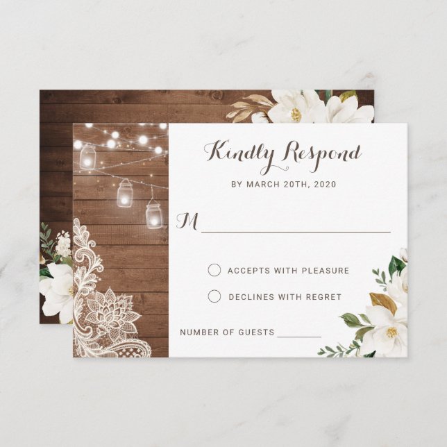 Floral Rustic Wood String Lights Magnolia RSVP Invitation (Front/Back)
