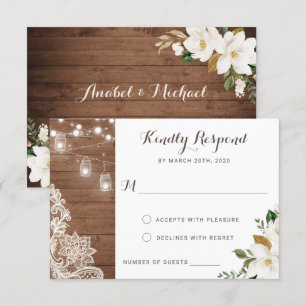 Floral Rustic Wood String Lights Magnolia RSVP Invitation