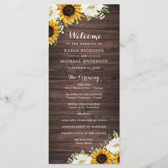 Floral Rustic Wood Sunflower Greenery Barn Wedding Programme (Front)