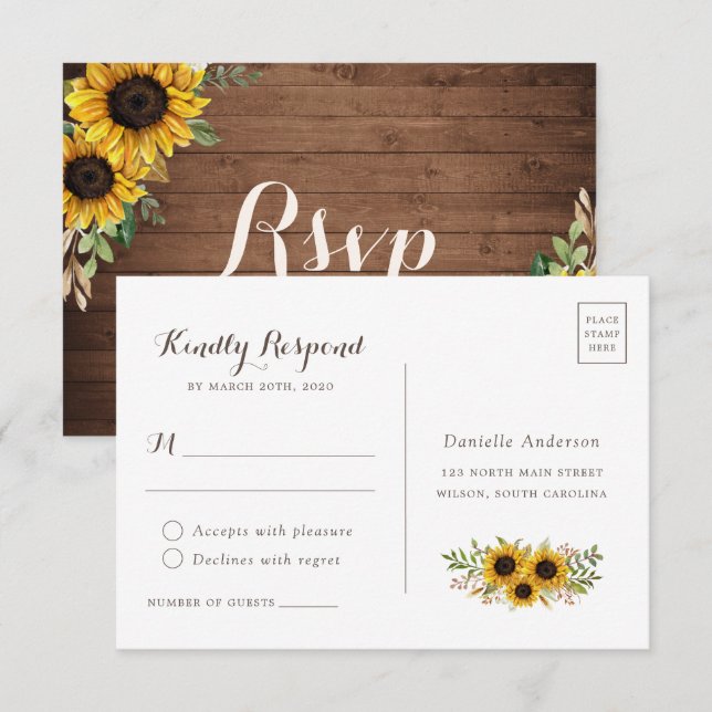 Floral Rustic Wood Sunflower Wedding Postcard RSVP (Front/Back)