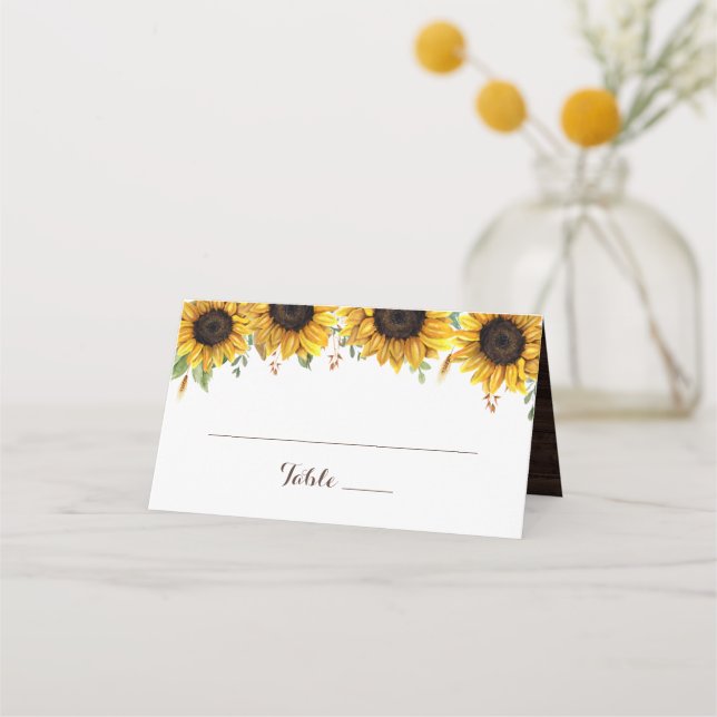 Floral Rustic Wood Sunflowers Greenery Barn Daisy Place Card (Front)