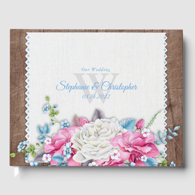Floral Rustic Wood Wedding Guest Book (Front)