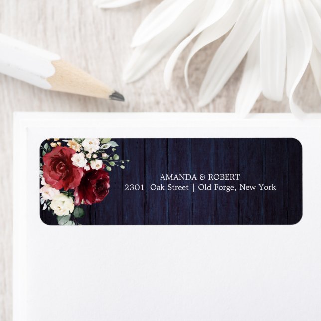 Floral Rustic Wood Wedding Navy Blue Label (Insitu)
