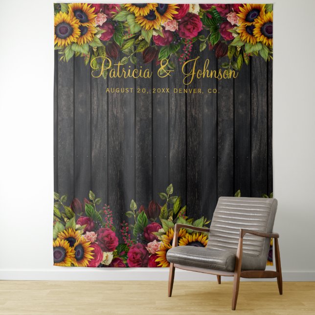 Floral rustic wood wedding photo booth backdrop tapestry (In Situ)