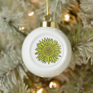 Floral Rustic Yellow Sunflower Hand Drawn Ceramic Ball Christmas Ornament