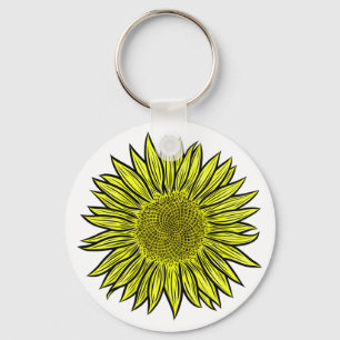 Floral Rustic Yellow Sunflower Hand Drawn Key Ring