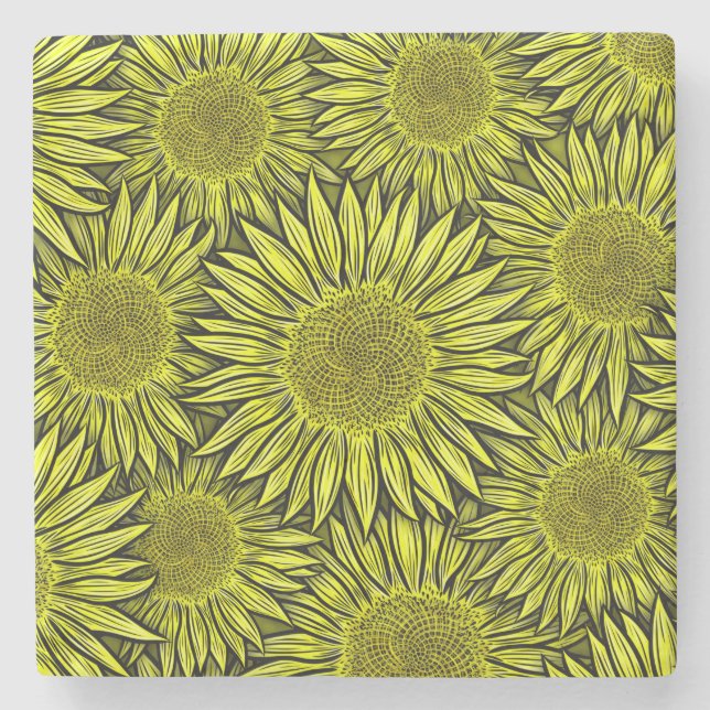 Floral Rustic Yellow Sunflower Hand Drawn Stone Coaster (Front)