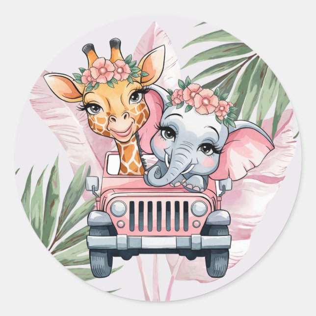 Floral Safari Adventure Pink Girl Baby Shower Classic Round Sticker (Front)