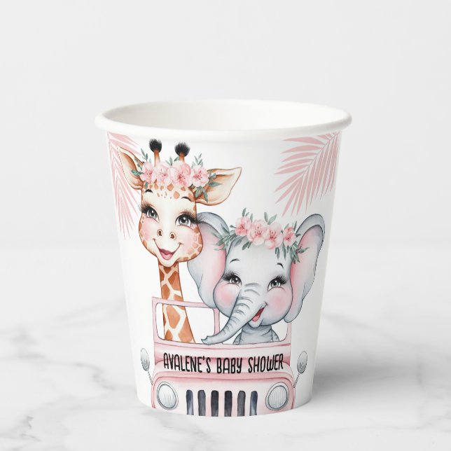 Floral Safari Adventure Pink Girl Baby Shower Paper Cups (Front)