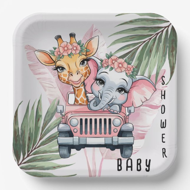 Floral Safari Adventure Pink Girl Baby Shower Paper Plate (Front)