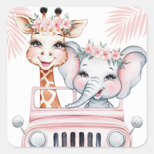 Floral Safari Adventure Pink Girl Baby Shower Square Sticker