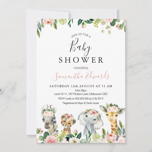 Floral Safari Animals Baby Shower Invitation (Front)