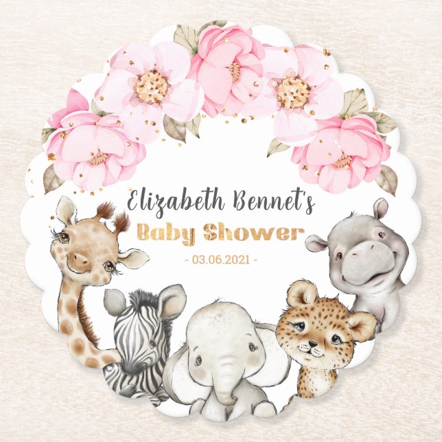 Floral Safari Animals Baby Shower Paper Coaster (Front)