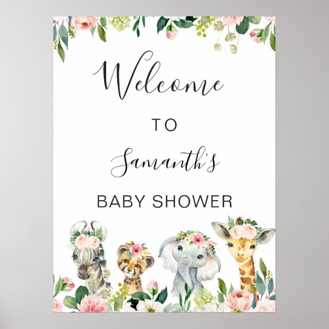 Floral Safari Animals Baby Shower Welcome Sign (Front)