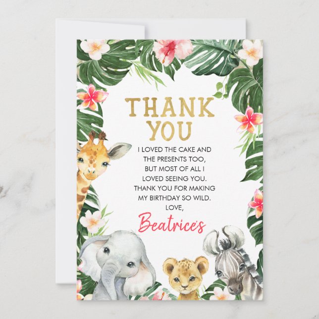Floral Safari Birthday Thank You Card (Front)