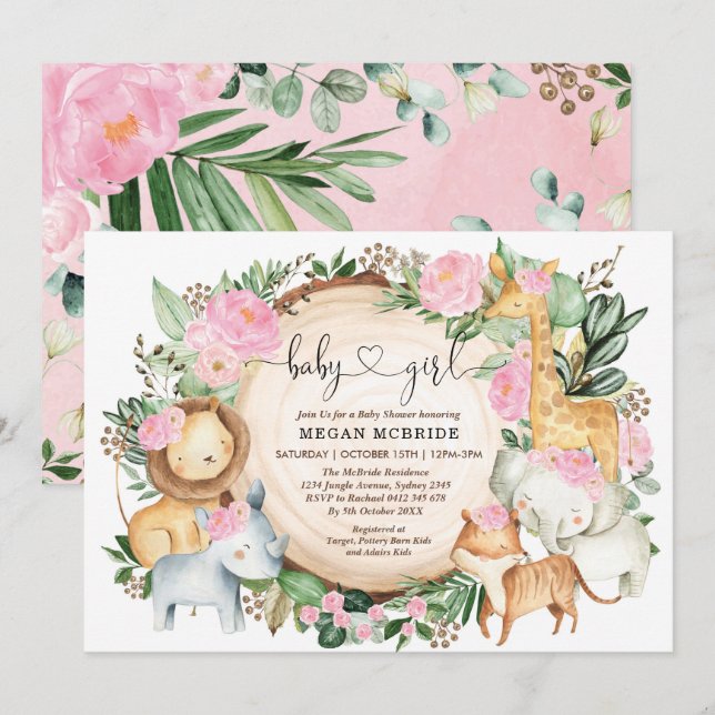 Floral Safari Jungle Greenery Girl Baby Shower Invitation (Front/Back)